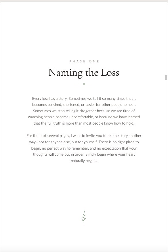 A journal page titled Phase One — Naming the Loss.