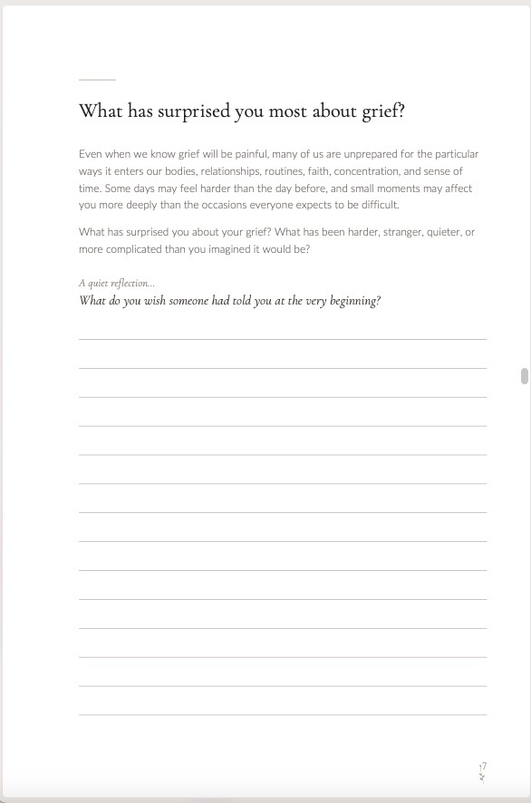 A journal page asking: What has surprised you most about grief?
