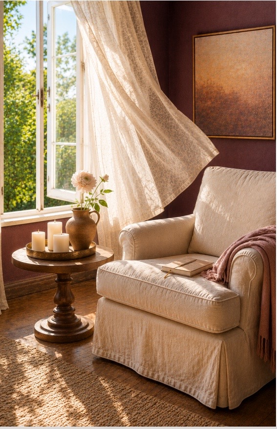 A sunlit reading chair beside an open window, with candles, a pale ranunculus, and a journal resting on the cushion.