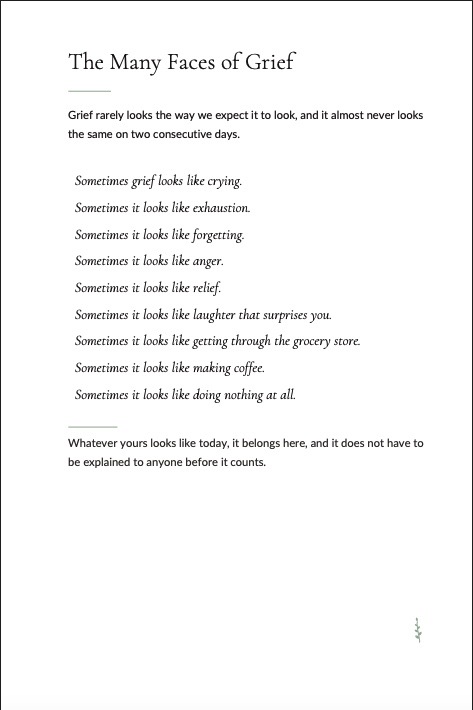 A journal page titled The Many Faces of Grief.